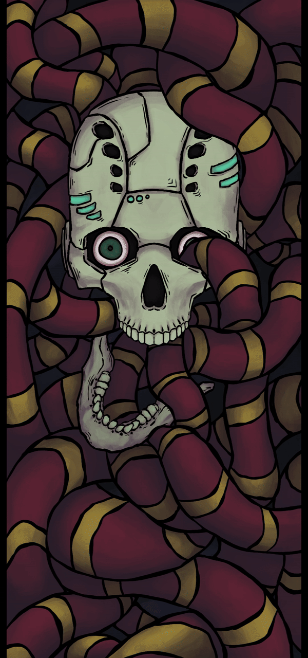 A skull with moving snakes